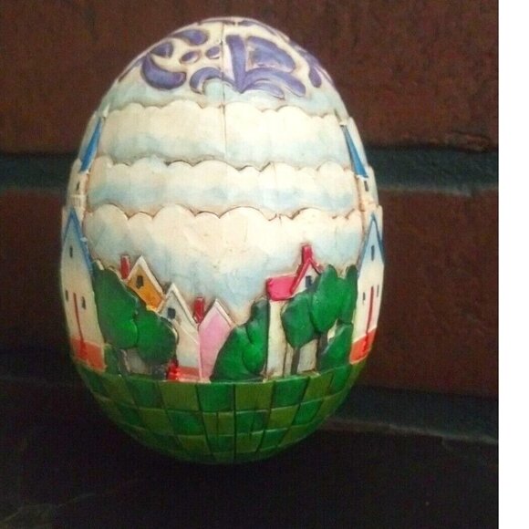 Jim Shore Easter Egg 4" Decorative Country scene Houses church Vintage embossed - Picture 3 of 6